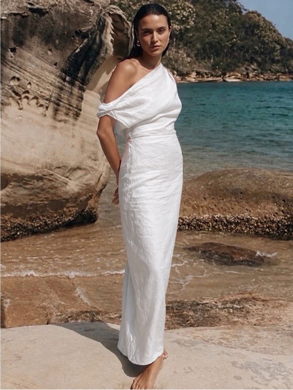 DISSH Joelle Linen One Shoulder Midi Dress White Size US 8